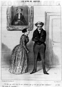 Og for å si at dette er tre av mine tiltalte som jeg ikke kunne ha dømt!... bli tapt omdømme!... , fra "Gens de Justice", serie tegneserier om Justice av Honore Daumier (1808-1879). “Charivari” av Honoré Daumier