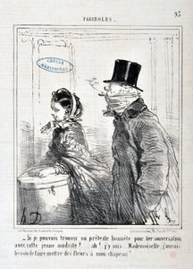 Kunstverk av Honore Daumier (1808-1879) Charivari: Serie FARIBOLES “” -Kunne du finne et ærlig påskudd for å koble samtale med denne unge modellen?... Ah! Jeg er her... frøken, jeg må sette blomster på hatten min!» KUNSTMUSEUM - PALACE LONGCHAMP, MARSEILL av Honoré Daumier