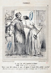 Kunstverk av Honore Daumier (1808-1879) Charivari: Serie FARIBOLES Le mari doit aide et protection a sa femme (Sivil Code - Title du mariage) "" -Men hvem må henvende seg til mannen hvis han føler behov for å bli beskyttet på sin side? (Notat av en artist  av Honoré Daumier
