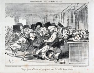 Kunstverk av Honore Daumier (1808-1879) Charivari er fra 1852: Serie PHYONOMIES DES CHAIN ​​​​DE FERR Sultne reisende skynder seg til buffeen på en stasjon MUSEE DES BEAUX ARTS - PALAIS LONGCHAMP, MARSEILLE av Honoré Daumier