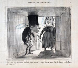 Kunstverk av Honore Daumier (1808-1879) Charivari er fra 1854: Serie TENNIQUES AND OWNERS "" Ca!... en leilighet på åtte hundre franc!... men jeg vil bruke hatter for mer enn tolv hundre francs"" MUSEE DES BEAUX ARTS - PALAIS LONGCHAMP, MARSEILLE av Honoré Daumier