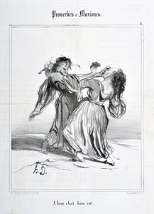 Kunstverk av Honore Daumier (1808-1879). Charivari stammer fra 1840: serien Ordspråk og maksimum "A bon cat bon rat"" MUSEUM FOR FINE ARTS - PALAIS LONGCHAMP, MARSEILLE av Honoré Daumier