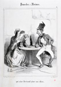 Kunstverk av Honore Daumier (1808-1879). Charivari stammer fra 1840: Serie PROVERBS ET MAXIMES "" som elsker Bertrand elsker hunden sin "" MUSEE DES BEAUX ARTS - PALAIS LONGCHAMP, MARSEILLE av Honoré Daumier