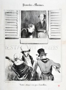 Kunstverk av Honore Daumier (1808-1879). Charivari stammer fra 1840: Serie PROVERBS ET MAXIMES "" Magesult har ingen ører "" "MUSEE DES BEAUX ARTS - PALAIS LONGCHAMP, MARSEILLE av Honoré Daumier