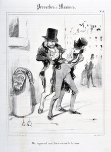 Kunstverk av Honore Daumier (1808-1879). Charivari stammer fra 1840: Serie PROVERBES ET MAXIMES "" Vi gjenopptar eiendommen vår eller vi finner den""" KUNSTMUSEUM - PALAIS LONGCHAMP, MARSEILLE av Honoré Daumier