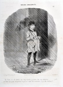 Kunstverk av Honore Daumier (1808-1879). Charivari er fra 1842: Serie MORES CONJUALES “” Min kone fortalte meg vent på meg fem minutter. Jeg går opp til couturiere for en time for et kvarter siden og døren sier at på torget til couturiere er det studenter! av Honoré Daumier