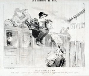 Kunstverk av Honore Daumier (1808-1879). Charivari stammer fra 1843: Serie LES Chemins de fer Tretti sekunder av stasjonen "" -Tiens Joseph! vla alt jeg har å sende deg... tre pakker og en reisende - Fremfor alt ta vare på pakkene”” MUSEE DES BEAUX ART av Honoré Daumier