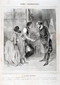 Kunstverk av Honore Daumier (1808-1879). Charivari stammer fra 1843: Serie SCENES PARLIAMENTARY. Valgbesøket. KUNSTMUSEET - PALACE LONGCHAMP, MARSEILLE av Honoré Daumier