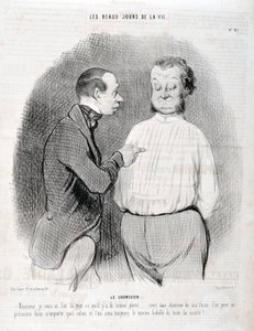 Kunstverk av Honore Daumier (1808-1879). Charivari stammer fra 1845: Serie LES BEAUX DAYS DE LA VIE. Blusen "" -Sir, jeg har laget deg den beste iført... med en skjorte på min måte kan du presentere deg selv i enhver stue, og vi vil alltid være best kledd  av Honoré Daumier