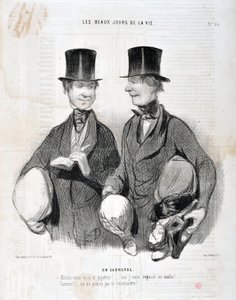 Kunstverk av Honore Daumier (1808-1879). Charivari stammer fra 1845: Serie LES BEAUX DAYS DE LA VIE. I Carnival “” -La oss le og gigotte! Jeg vil bli skuffet så smart! Berømt! Vi kan ikke kjenne deg igjen...” MUSEUM FOR FINE ARTS - PALACE LONGCHAMP, MARSEI av Honoré Daumier