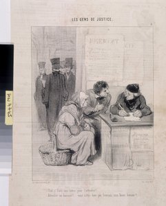 Kunstverk av Honore Daumier (1808-1879). Charivari stammer fra 1845: Serie LES PEANS DE JUSTICE. "Må du skrive et brev for å gjøre ham øm? - Går til namsmann! Er du ikke fransk, min gode mann?» Størrelse 37,5x28. Utdrag fra avisen Le"" Charivari" av Honoré Daumier