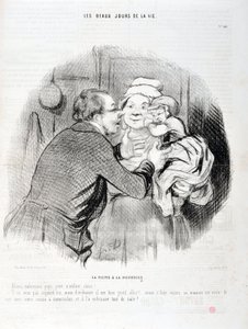 Kunstverk av Honore Daumier (1808-1879). Charivari stammer fra 1848: Serie Les beaux jours de la vie. Besøket til sykepleieren - La oss kysse pappa lille barn kjære - Han vil ikke i dag men vanligvis...”” KUNSTMUSEET - PALACE LONGCHAMP, MARSEILLE av Honoré Daumier