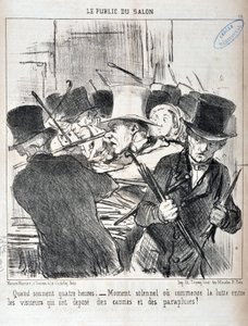 Kunstverk av Honore Daumier (1808-1879). Charivari stammer fra 1852: Serie LE PUBLIC DU SALON - "" Når lyd fire timer.- høytidelig øyeblikk eller begynner kampen mellom besøkende som har deponert stokker og paraplyer"" MUSEE DES BEAUX A av Honoré Daumier