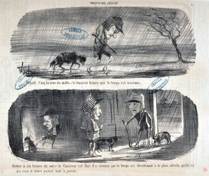 Kunstverk av Honore Daumier (1808-1879) Charivari stammer fra 1853: Serie Sketches de Chasse “” Depart Five heures du matin, - le chasseur finner ut at været er usikkert””” “” Tilbake til klokken seks om kvelden, - jegeren er fikset, det kjente han igjen av Honoré Daumier
