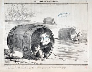 Kunstverk av Honore Daumier (1808-1879) Charivari stammer fra 1854: Serie TENNIQUES ET OWNIRES "" Det er litt vanskelig å bli tvunget til å ligge i en tønne når du ikke skal være kynisk "" MUSEE DES FINE ARTS - PALAIS LONGCHAMP, MARSEILLE av Honoré Daumier