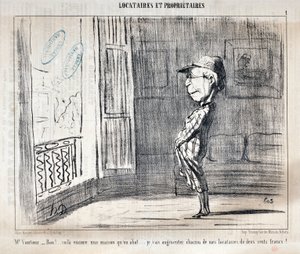 Kunstverk av Honore Daumier (1808-1879) Charivari stammer fra 1854: Serie TENNIQUES ET OWNIRES "" Mr Vautour - Bon!... Dette er nok et hus som blir skutt ned... Jeg vil øke hver av mine leietakere med to hundre franc! ” MUSEUM FOR FINE ARTS - PAL av Honoré Daumier