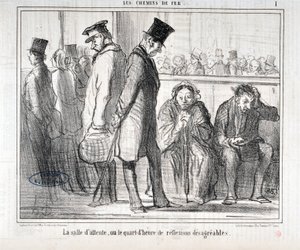 Kunstverk av Honore Daumier (1808-1879). Charivari stammer fra 1855: Serie LES Chemins de fer "" Venterommet eller kvarteret med ubehagelige refleksjoner""" MUSEE DES BEAUX ARTS - PALAIS LONGCHAMP, MARSEILLE av Honoré Daumier