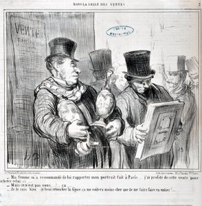 Kunstverk av Honore Daumier (1808-1879). Charivari stammer fra 1859: Serie I SALGET "" - Min kone anbefalte meg å bringe henne mitt portrett laget i Paris... Jeg benyttet meg av dette salget til å kjøpe denne... -Men det er ikke deg... ca. .. - J av Honoré Daumier