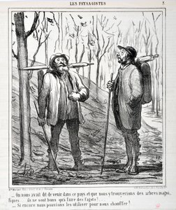 Kunstverk av Honore Daumier (1808-1879). Charivari stammer fra 1864: Serie LES LANDSAGISTS "" - Vi ble fortalt at vi skulle komme til dette landet og at vi ville finne vakre trær... de er gode til å lage fagoter!... "Hvis vi kunne bruke dem til å varme oss av Honoré Daumier