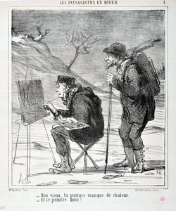 Kunstverk av Honore Daumier (1808-1879). Charivari stammer fra 1864: Serie LES LANDSAGISTS IN WINTER “” - Min gamle mann, maleriet ditt mangler varme - Og maleren så! “” MUSEUM FOR FINE ARTS - PALACE LONGCHAMP, MARSEILLE av Honoré Daumier