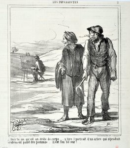 Kunstverk av Honore Daumier (1808-1879). Charivari er fra 1864: Serie LES LANDSAGISTS "" - I denne som er en morsom kropp... tegner et portrett av et tre som ikke bare produserer epler... han er gal etter!..." KUNSTMUSEET - PALACE LONGCHAMP, av Honoré Daumier
