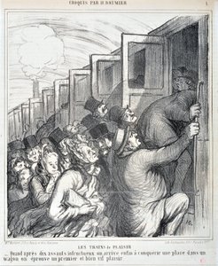 Kunstverk av Honore Daumier (1808-1879). Charivari stammer fra 1864: Serie Sketch Les trains de plaisir “” - Når vi etter ti mislykkede overgrep endelig får erobret en plass i en vogn, opplever vi en første og veldig livlig nytelse””” MUSEE DES BEAUX AR av Honoré Daumier