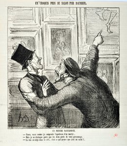 Kunstverk av Honore Daumier (1808-1879). Charivari stammer fra 1865: Serie Sketches Taken at the Salon En lunefull maler. "Her, se hvordan jeg forstår apoteosen til en martyr ... "Men jeg kan bare se de to føttene til din person.- Hodet er allerede i himme av Honoré Daumier