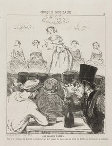 På Champs-Elysées har det aldri vært helt klart om musikken får ølet til å gå ned, eller ølet som får deg til å svelge musikken, plate 3 fra Croquis Musicaux, 1852 av Honoré Daumier