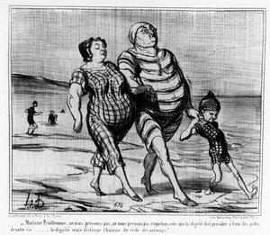 Ved sjøbadene: Parisisk familie går på en strand - ved Daumier, i "" Charivari"" av Honoré Daumier