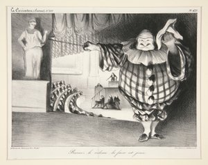 Baissez le rideau, la farce est jou?e. (Senk forhenget, farsen er over.), pl. 421 fra tidsskriftet La Caricature nr. 201 av Honoré Daumier