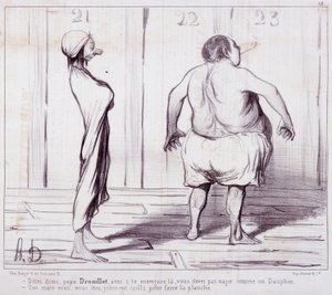 Tegneserie om utseende. Serie "" The Bathers"": Fortell pappa Drouillet..."" Gravering av Honore DAUMIER (1808-1879). Utdrag fra avisen "" Le Charivari"". Mål 25x36cm. boks 12 Marseille, Musee des Beaux-Arts, Palais Longchamps, Collection Arts Graphi av Honoré Daumier