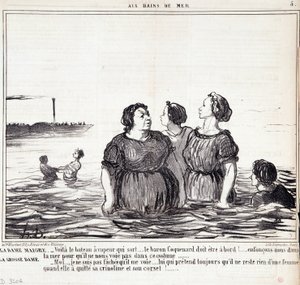 Tegneserie om utseende og mote. Serien “” Les Bains de Mer””: “” Den magre damen (...), den tykke damen (...)” Gravering av Honore DAUMIER (1808-1879). Utdrag fra avisen "" Le Charivari"" 16. september av Honoré Daumier