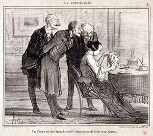 Tegneserie om kunstsamlere. Serien "" Potichomania"": "" En falsk vase fra Japan som beundrer tre kinesere." Gravering av Honore DAUMIER (1808-1879). Utdrag fra avisen "" Le Charivari"" av Honoré Daumier