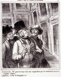 Tegneserie om kunstelskere. Serie "" Skisse tatt på salongen av Daumier "": "" Besøkende: Oh! for kuppet her er en virkelig meningsløs komposisjon (...). Artist: Bourgeois cretin, gå! "" Gravering av Honore DAUMIER (1808-1879). Utdrag fra avisen "" L av Honoré Daumier