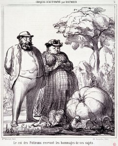 Tegneserie om hagearbeid. Serie "" Autumn Sketch"": "" The King of Pumpkins mottar hyllest fra sine undersåtter"". Gravering av Honore DAUMIER (1808-1879). Utdrag fra avisen "" Le Charivari"" 23. september av Honoré Daumier