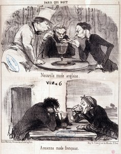 Tegneserie om gastronomiske overgrep. "Paris qui drinks"-serien: ny engelsk mote og gammel fransk mote. Gravering av Honore DAUMIER (1808-1879). Utdrag fra avisen “” Le Charivari”” 23. juni 1852 Dim 37x26 cm Inv D 2312 - eske 24 N¡7. Marseille, Muse av Honoré Daumier
