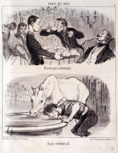 Tegneserie om gastronomiske overgrep. Serie Paris-drikking: "" Drikker for å kjede seg. Virkelig tørst." Gravering av Honore DAUMIER (1808-1879). Utdrag fra avisen “” Le Charivari”” 16. juni 1852 Dim 37x26cm Inv D 2310 - eske 24 N¡5. Marseille, Musee des B av Honoré Daumier