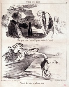 Tegneserie om gastronomiske overgrep. Serie "" Paris qui boire"": "" utsikt tatt på Champs Elysees under hetebølgen. Drakk bare et forferdelig slag." Gravering av Honore DAUMIER (1808-1879). Utdrag fra avisen "" av Honoré Daumier