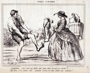 Tegneserie om høstere som tråkker på barbeinte druer. Serie “” Autumn Sketch””: “” Hvordan... skal du presse druene med føttene? ...” Gravering av Honore DAUMIER (1808-1879). Utdrag fra avisen "" Le Charivari"" av Honoré Daumier