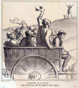 Tegneserie om jegere. Serien "Høstskisse: Åpning av jakten, to rapphøns ble signalisert i landet", fra avisene "Le Charivari" av Honoré Daumier