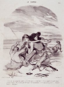 Tegneserie om jegere. Serien “” The Beautiful Days of Life - The Hunting””: “” Jeg forteller deg at jeg fikk ham til å gå...”” Gravering av Honore DAUMIER (1808-1879). Utdrag fra avisen "" Le Charivari"" 10. januar av Honoré Daumier