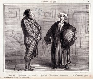 Tegneserie om vitenskap. Serie "" On the Comete of 1857"": "" Mossieu, jeg forlater din tjeneste..."" Gravering av Honore DAUMIER (1808-1879). Utdrag fra avisen "" Le Charivari"" 13. mars av Honoré Daumier