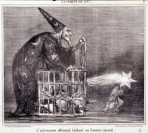 Tegneserie om vitenskap. Serie Sur "" kometen fra 1857"": "" Den tyske astronomen forlater en berømt and""". Gravering av Honore DAUMIER (1808-1879). Utdrag fra avisen "" Le Charivari"" 2. mars av Honoré Daumier
