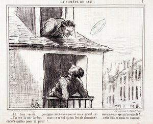 Tegneserie om vitenskap. Serie Sur “” the Comete of 1857””: “” Vel nabo... hvorfor gjorde du et så stort rop...”” Gravering av Honore DAUMIER (1808-1879). Utdrag fra avisen "" Le Charivari"" 11. mars av Honoré Daumier