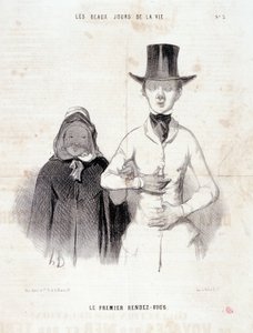 Tegneserie om paret: Serie "" The Beautiful Days of Life"": "The first date"". Gravering av Honore DAUMIER (1808-1879). Utdrag fra avisen “” Le Charivari””, 2.-3. januar av Honoré Daumier