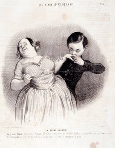 Tegneserie om paret. Serien "" The Beautiful Days of Life"": "" En galant begynnelse..."" Gravering av Honore DAUMIER (1808-1879). Utdrag fra avisen "" Le Charivari"" 10. juli av Honoré Daumier
