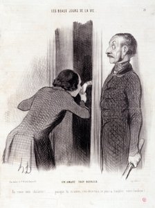 Tegneserie om paret. Serien "" The Beautiful Days of Life"": "" En elsker for glad..." Gravering av Honore DAUMIER (1808-1879). Utdrag fra avisen "" Le Charivari"" 1. september av Honoré Daumier