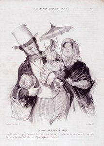 Tegneserie om familien. Serien “” The Beautiful Days of Life””: A Sunday in the countryside...” Gravering av Honore DAUMIER (1808-1879). Utdrag fra avisen "" Le Charivari"" 21. juli av Honoré Daumier