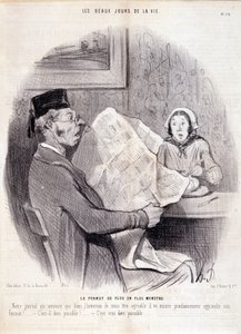 Tegneserie om pressen. Serien “” The Beautiful Days of Life””: “” Det stadig mer monsterformatet...””. Gravering av Honore DAUMIER (1808-1879). Utdrag fra avisen "" Le Charivari"" 18. oktober av Honoré Daumier