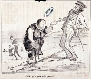 Tegneserie om turister på ferie. Serie "" Axe Bains de Mer: "" Flommen som førte den tilbake skremmende! "" Gravering av Honore DAUMIER (1808-1879). Utdrag fra avisen "" Le Charivari"" av Honoré Daumier
